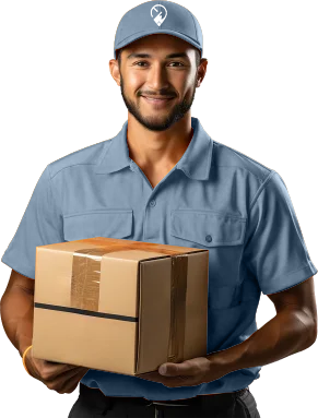 Boy in Emirates Way Cargo Fast secure and reliable moving services Branding Unifrom with Box is Posing Camera